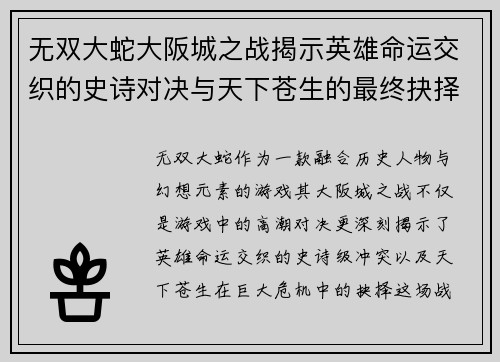 无双大蛇大阪城之战揭示英雄命运交织的史诗对决与天下苍生的最终抉择