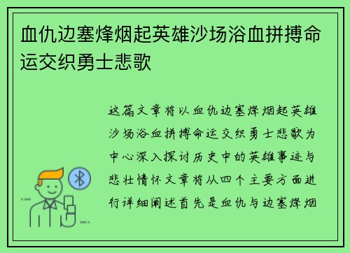 血仇边塞烽烟起英雄沙场浴血拼搏命运交织勇士悲歌